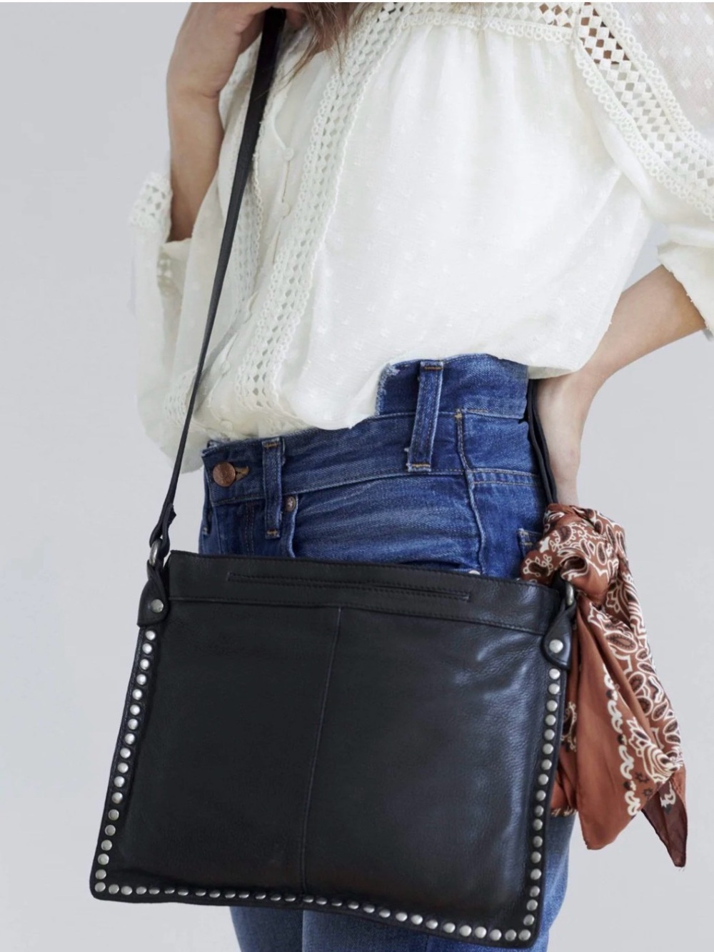 Latico Black Leather Crossbody Bag with Stud Trim